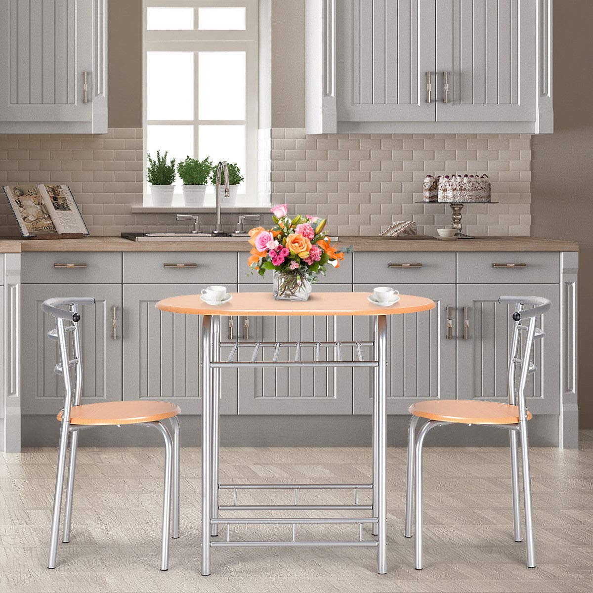 ANA Store People Food Meal Banquet Dresser Set of 3 Pcs Steel Body Natural Color Wood Oval Shape with Bracket Under Top 2 Backrest Hassock Compact Design Furniture for Space Saving