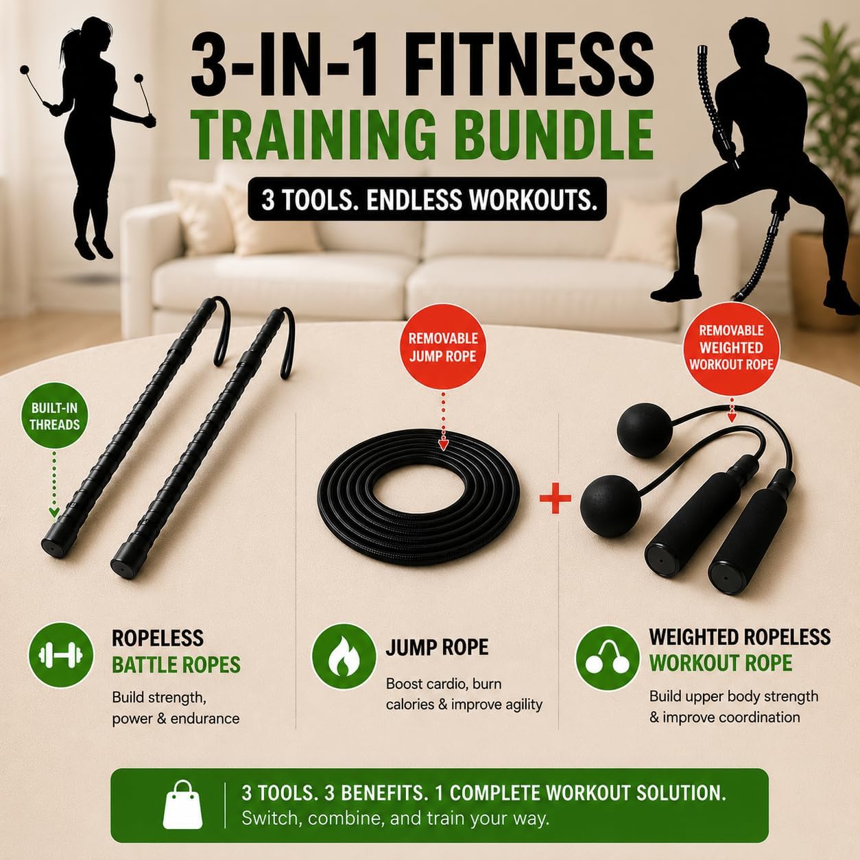 Weighted Ropeless Battle Rope with Free Jump Rope & Cordless Jump Rope, Heavy-Duty Cordless Battling Ropes