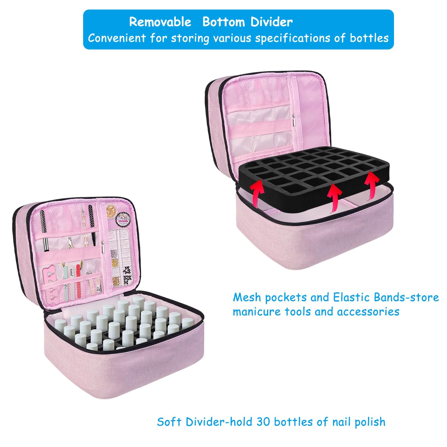 Boczif Nail Polish Carrying Case, Double-Layer Nail Polish Storage Bag- Fits Nail Dryer Lamp and 30 Bottles(15ml/0.5 fl.oz), Nail Polish Organizer bag with Adjustable Dividers for Manicure Set (Pink)