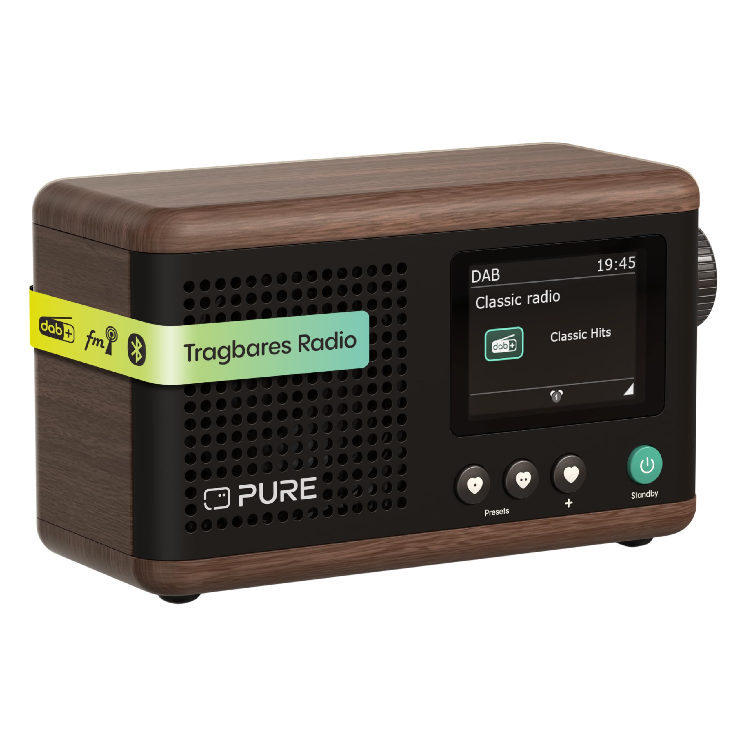 Pure Classic Mini Radio Digitale Portatile DAB+ e FM con Bluetooth 5.3, Batteria da 15 ore, Schermo a colori da 2,4", Cinghia di trasporto, Nero Caffè/Noce, Compatto e leggero
