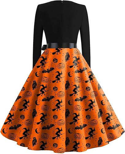 Miniatura 2 de Halloween Dresses Womens Long Sleeve Cocktail Swing Dress Pumpkin Witch Printed Cosplay Party Costume Swing Dress