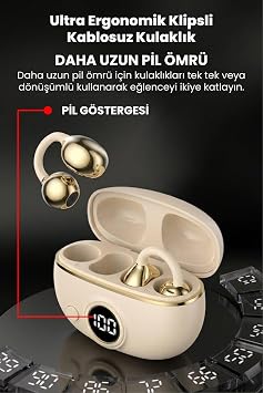 Klipsli Bluetooth Kulaklık Kablosuz ANC ENC Çift Mic. Led Gösterge Küpe Kulaklık - Bej