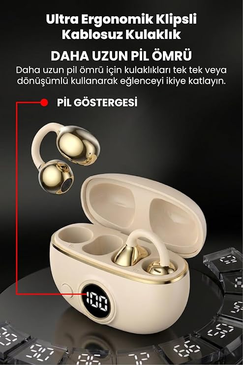 Klipsli Bluetooth Kulaklık Kablosuz ANC ENC Çift Mic. Led Gösterge Küpe Kulaklık - Bej