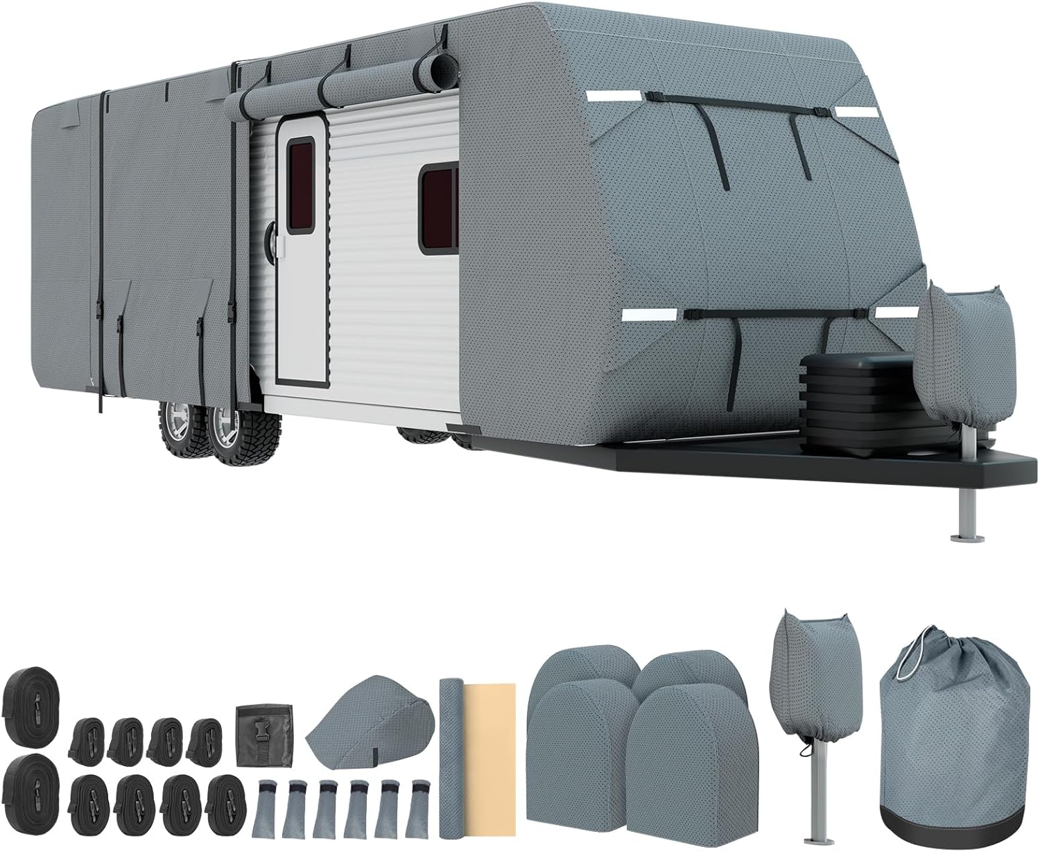 Mofeez Travel Trailer RV Cover, Extra-Thick Upgraded 7 Layers for Camper Cover 22'-24' Windproof Waterproof Rip-Stop RV Covers with Adhesive Repair Patches, 2Pcs Extra Straps & 4 Tire Covers