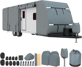 Mofeez Travel Trailer RV Cover, Extra-Thick Upgraded 7 Layers for Camper Cover 24'-27' Windproof Waterproof Rip-Stop RV Covers with Adhesive Repair Patches, 2Pcs Extra Straps & 4 Tire Covers