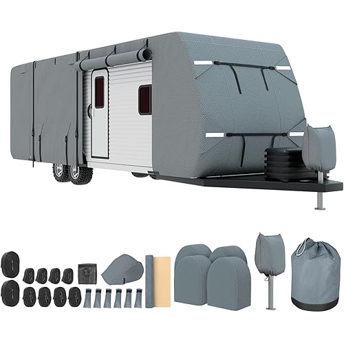 Mofeez Travel Trailer RV Cover, Extra-Thick Upgraded 7 Layers for Camper Cover 22'-24' Windproof Waterproof Rip-Stop RV Covers with Adhesive Repair Patches, 2Pcs Extra Straps & 4 Tire Covers