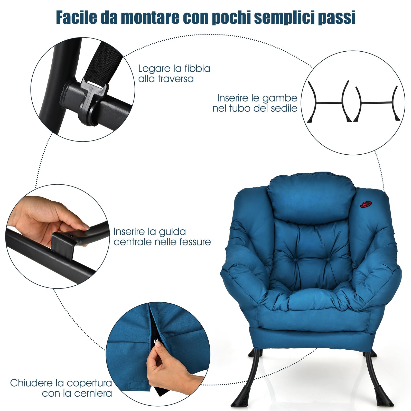 COSTWAY Poltrona Relax, Poltrona da Lettura, con Schienale e Seduta Imbottiti, Braccioli e Tasca di Stoccaggio, per Soggiorno, Camera da Letto, Portata 115 kg (Blu)