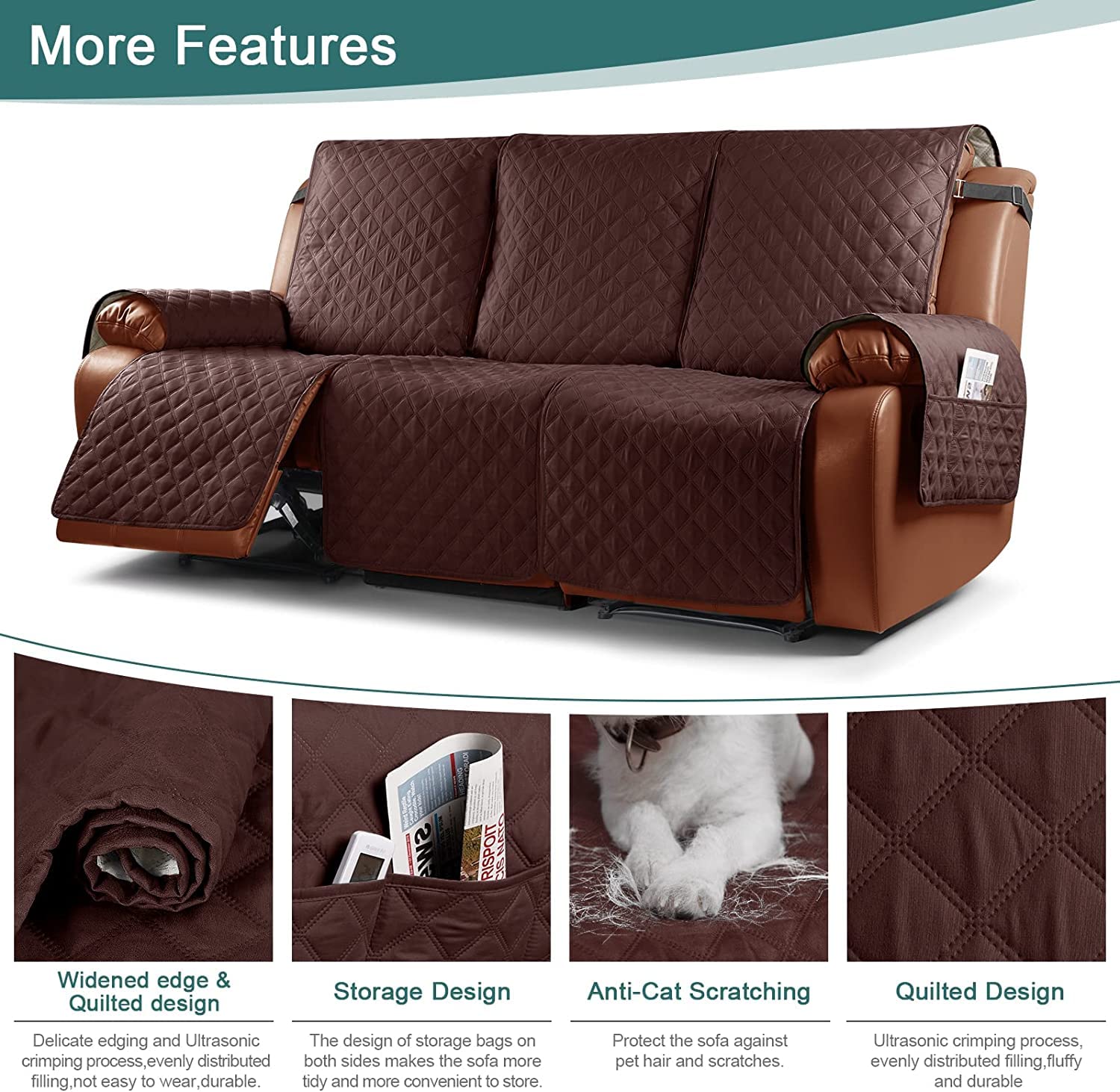 Funda de Sofá Reclinable Funda de Sillón Relax con correa elástica Fundas de Butacas Relax Antideslizantes Fundas de Muebles lavable para el hogar con mascotas y niños (Café,3 Plazas/Sofá)
