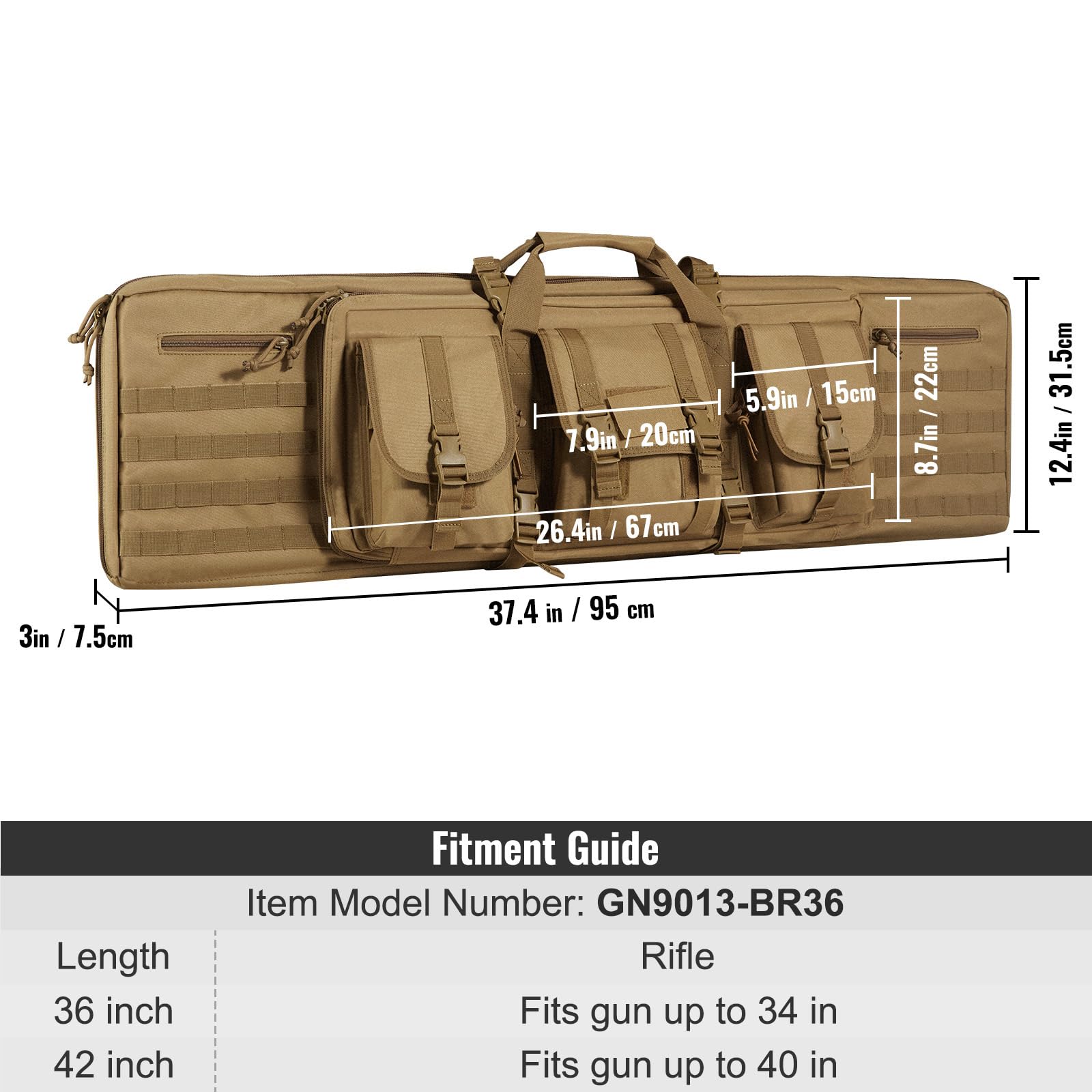 VEVOR Estuche para Rifle Bolsa Táctica Larga para Transporte de Armas 91 cm con Sistema MOLLE Funda para Rifle con Correa para Hombro Cremallera con Cerradura para 2 Rifles 86 cm y 2 Pistolas, Marrón