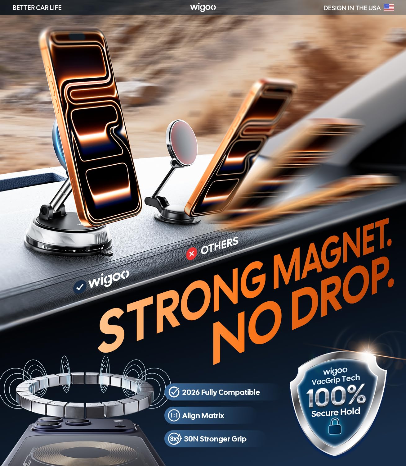 Wigoo Supporto per telefono da auto per Magsafe [aspirazione 44,5 kg e magnete 3000gf] Supporto da auto regolabile a 360°, supporto per telefono cellulare per la tua auto, per iPhone 17 Pro Max 16 15