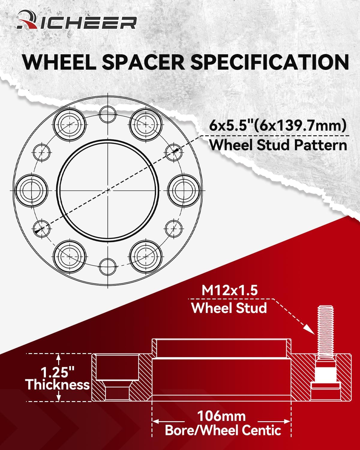 Richeer 6x5.5 Hub Centric Wheel Spacers for Tacoma 4Runner Tundra Fortuner Ventury GX470 GX460 with Extend Lug Nuts, 4PCS 1.25 inch Forged 6x139.7mm Wheel Spacers with 12x1.5 Studs & 106mm Hub Bore