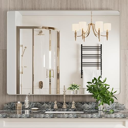 Miniatura 278 de Espejo de baño dorado, 48 x 30 pulgadas, espejo de marco de metal dorado cepillado para pared, espejo rectangular redondeado de tocador de baño