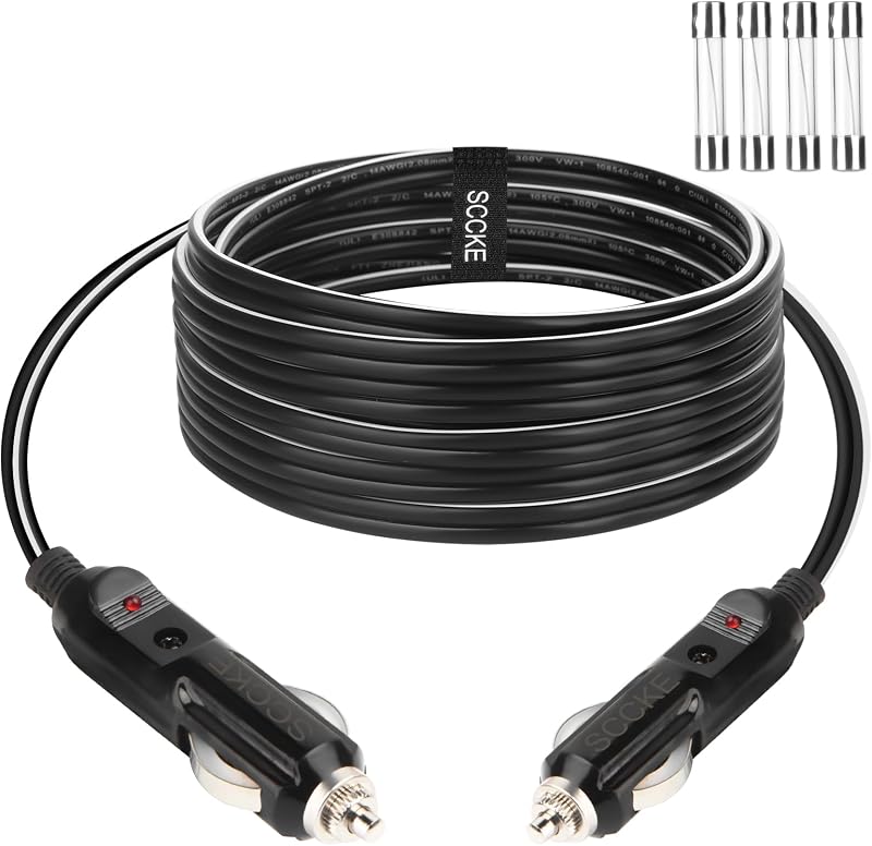Cabo carregador para tomada de cigarro SCCKE macho-macho 20 A, 14 AWG, 3,05 m com LED e fusível – 1 unidade