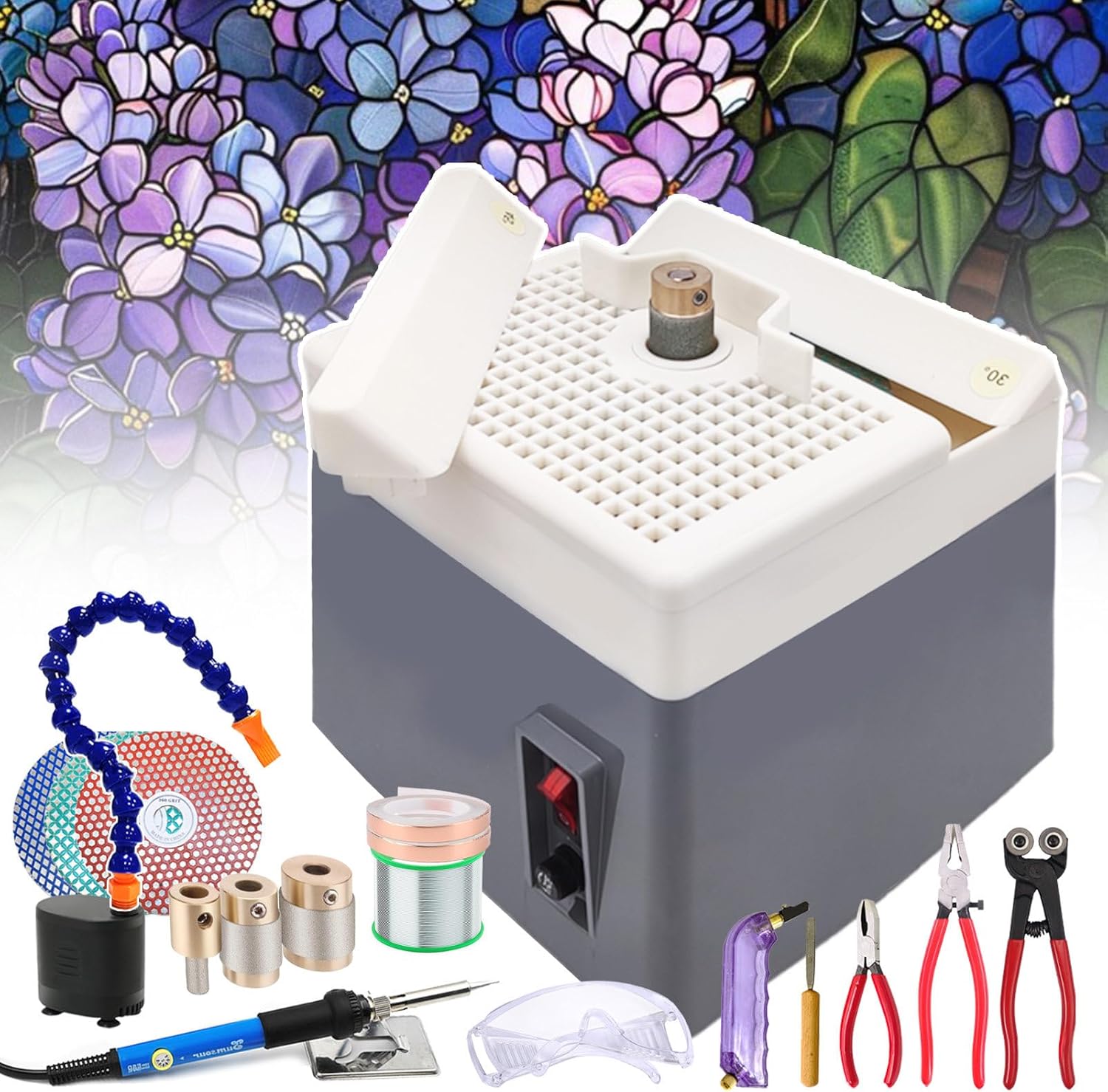 New Upgrade Stained Glass Starter Kit for Glass Grinding Multi-Angles &Curves,with Grinder Machine/Glass Cutting Kit/Soldering Iron Set/Automatic Water Supply Set/Angle Positioning Tool