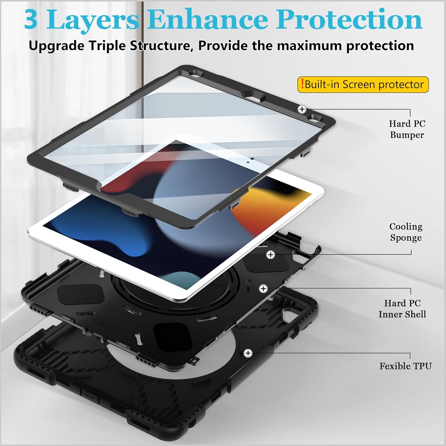 Case for iPad 9th/8th/7th Generation 10.2 Inch: Silicone Cover for iPad 10.2 Inch with Screen Protector - Stand - Handle - Shoulder Strap- Pencil Holder- Black