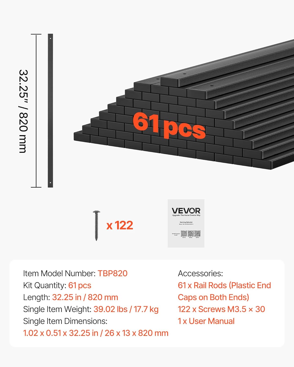 VEVOR 61 Pack Deck Balusters, 32.28 in Galvanized Steel Railing Spindles, Hollow Rectangle Metal Decking Stair Balusters with Pre-Drilled Hole, End Caps, Screws, for Deck, Porch & Stair Railing, Black