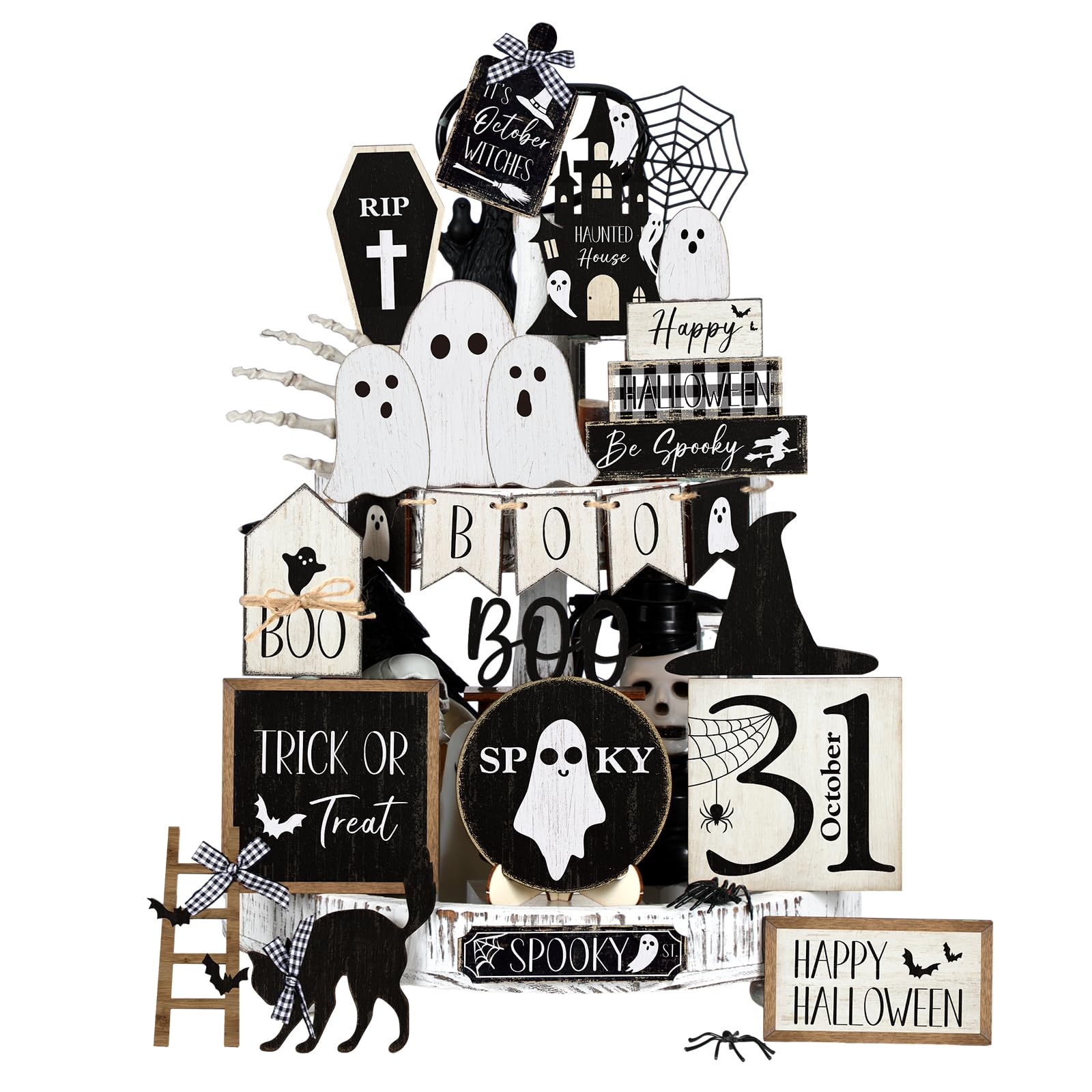 Vercraft 22 Pcs Halloween Tiered Tray Decor Set Cute Ghost Tray Decorations Halloween Wooden Signs Farmhouse Rustic Black Cat Tiered Decoration for Home Table Decorations Party Supplies