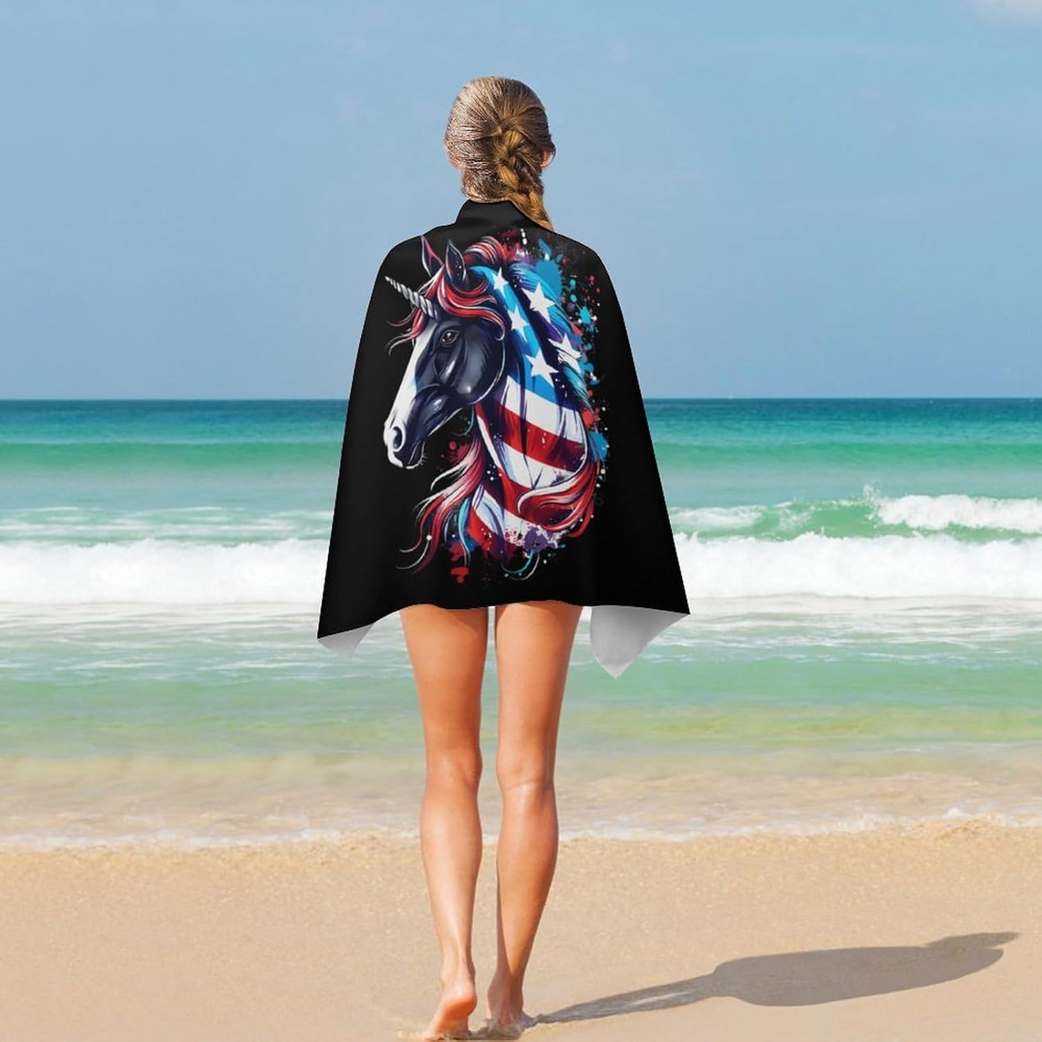 Horse in U.S. Flag Oversized Beach Towel Soft Absorbent Pool Bath Swim Towels for Adults Travel Vacation Gifts 130x80cm