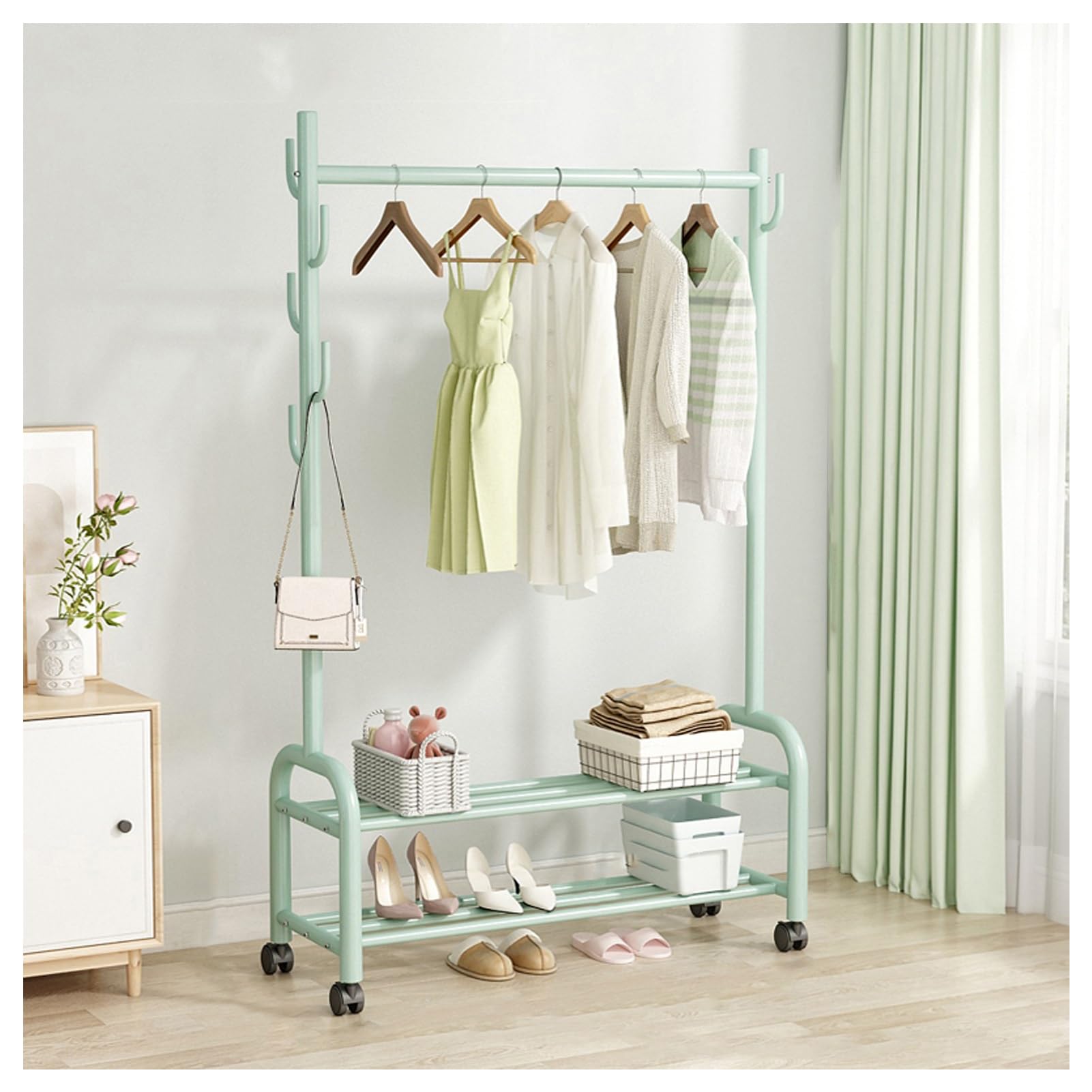 Aycdl Green Metal Clothing Rack With 2-Tier Storage Shelves Heavy-Duty Rolling Garment Stand With 7 Hooks For Basement Attic Entryway Bedroom Max Load 100Kg,-100Cm