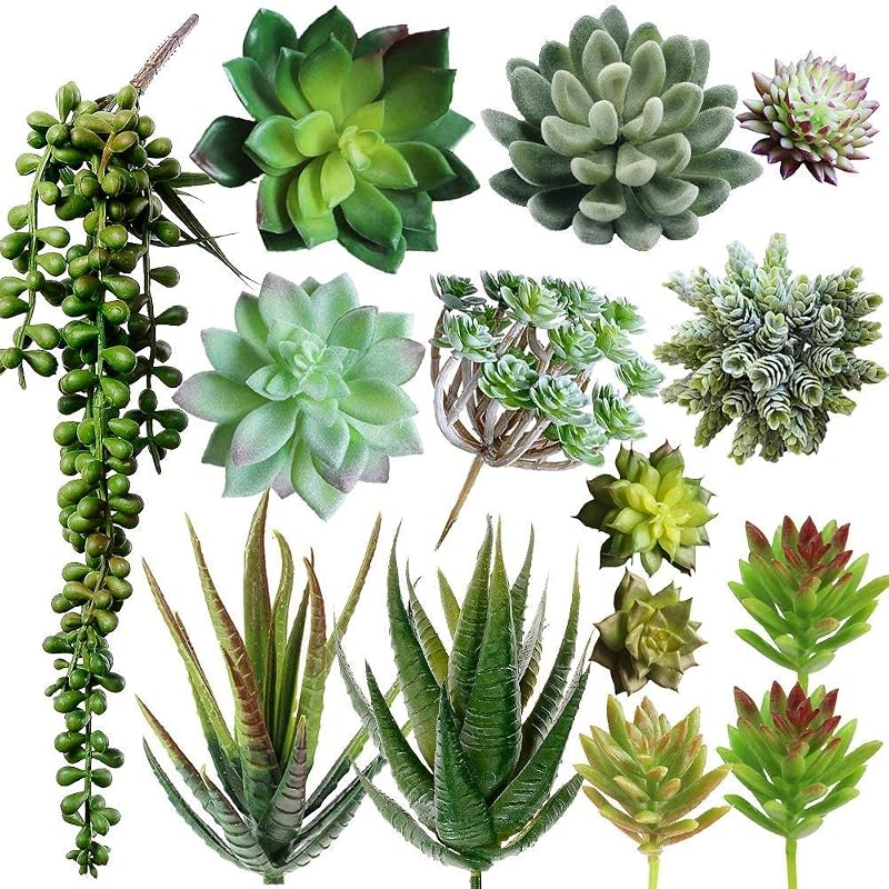 Winlyn 6 Pcs Unpotted Fake Succulents Assorted Faux Succulent in Different Green Artificial Hanging Succulents Textured Faux Succulent Pick Hanging String of Pearls Plant for Wedding Centerpieces