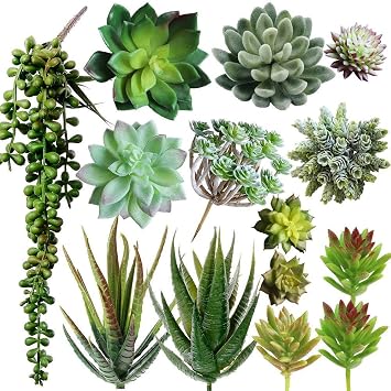 Winlyn 6 Pcs Unpotted Fake Succulents Assorted Faux Succulent in Different Green Artificial Hanging Succulents Textured Faux Succulent Pick Hanging String of Pearls Plant for Wedding Centerpieces