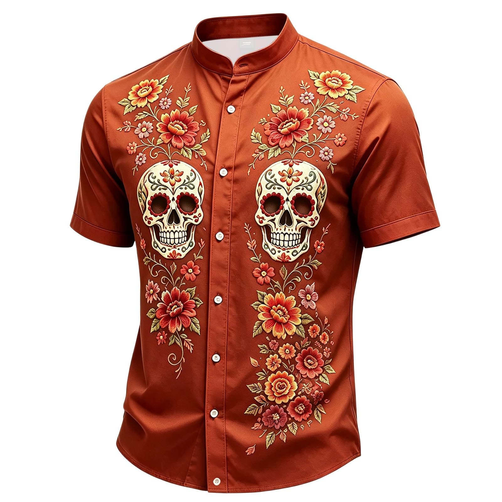 Halloween Shirt Men,Skull Shirt Mens Short-Sleeve Day of The Dead Floral Skull Goth Casual with Button-Down Fit Spooky Party Wear Funny Graphic Vintage Style Casual Outfits — image 1