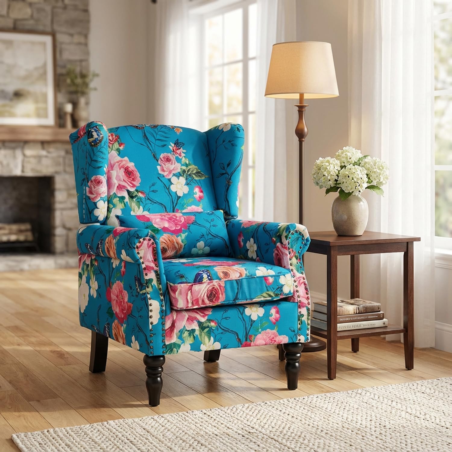 Floral Accent Chair,Mid Century High Back Upholstered Armchair with Wood Legs & Brass Nailhead Details,Comfy Single Sofa Chair for Living Room, Bedroom,Ideal Lounge&Reading Chair