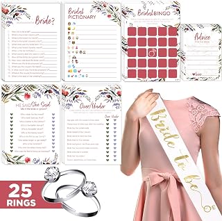 Floral Bridal Shower Games â€“ Set of 6 (50 Cards Each) w/Bride to Be Sash & 25 Adjustable Silver Diamond Engagement Rings Botanic