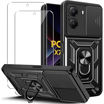 KUSINHOKA Case for Xiaomi Poco X7 Pro 5G with 2 Pieces Screen Protector [360 Degree Ring Stand] [Camera Protection] Silicone Shockproof Hard PC Back Scratch-Resistant Armour Protective Mobile Phone