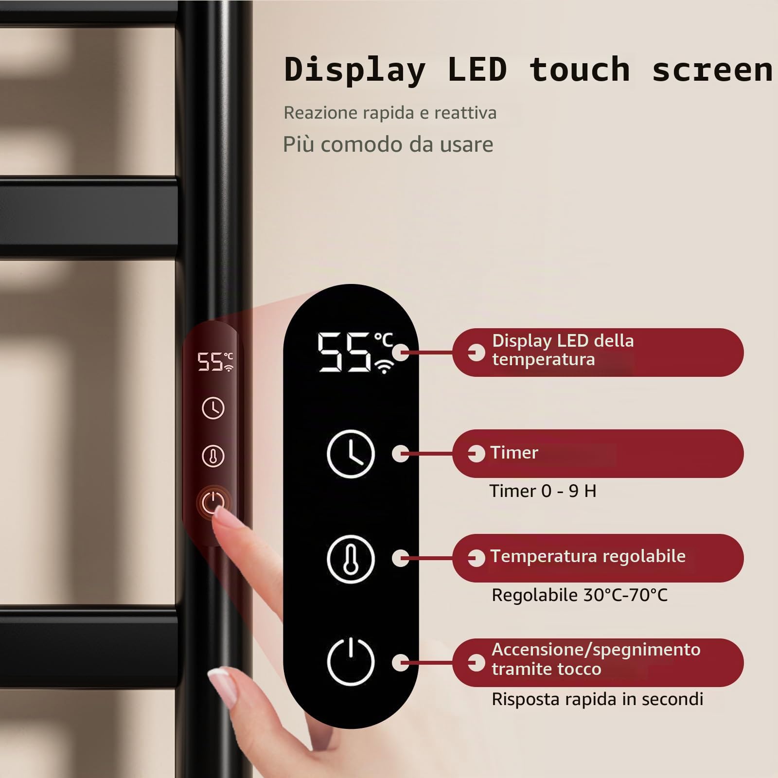 Scaldasalviette Elettrico Bagno, 52 x 130cm Termoarredo Elettrico Bagno, 360W Scaldasalviette Elettrico da Parete con LED Touch Screen, 0-9h Timer e 30-70℃ Temperatura, IPX4, Nero