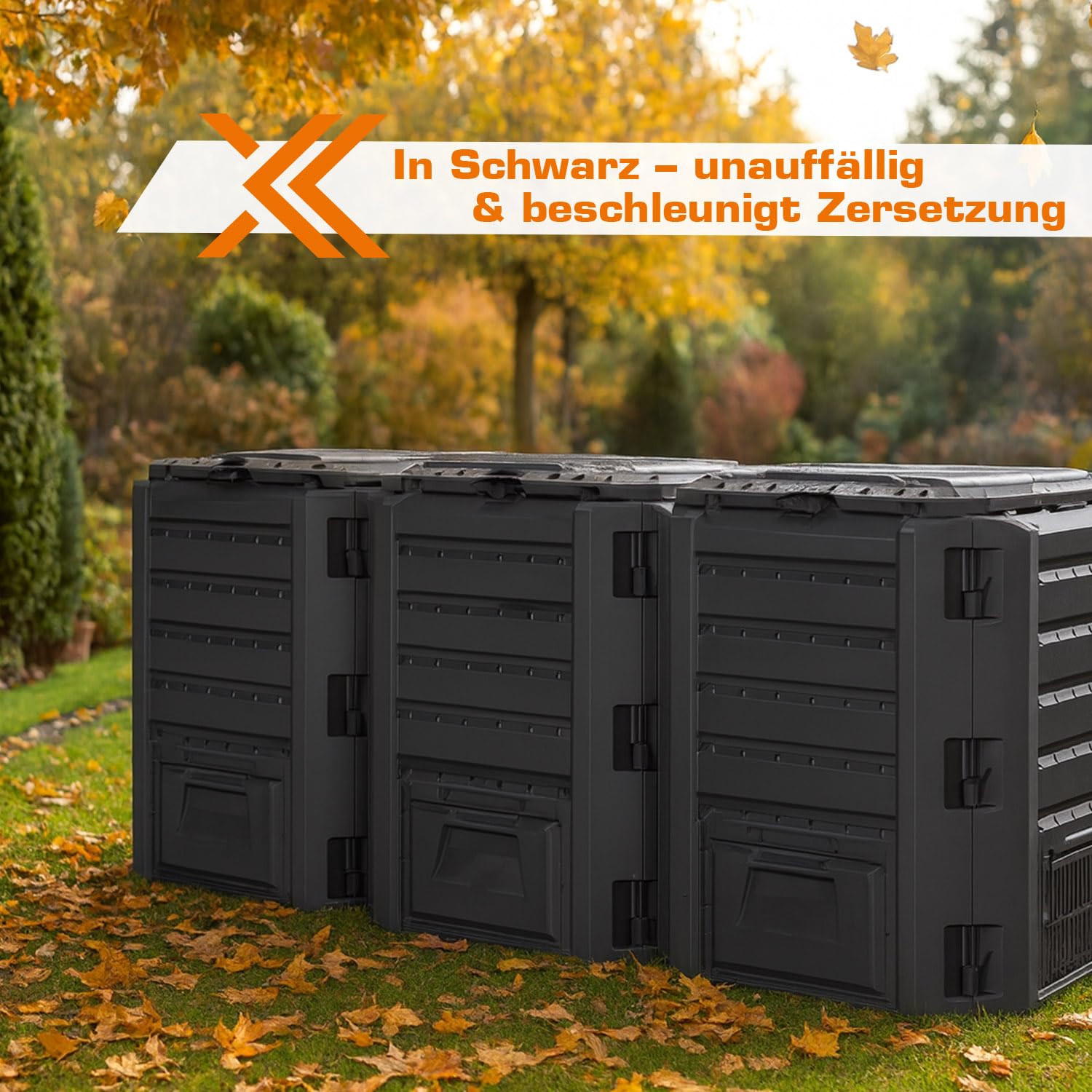 3 Kammer Komposter Garten Schnellkomposter Groß 1200L Schwarzer Kompostbeschleuniger mit Deckel & Klappe Bio Kompost aus Kunststoff zum Kompostieren