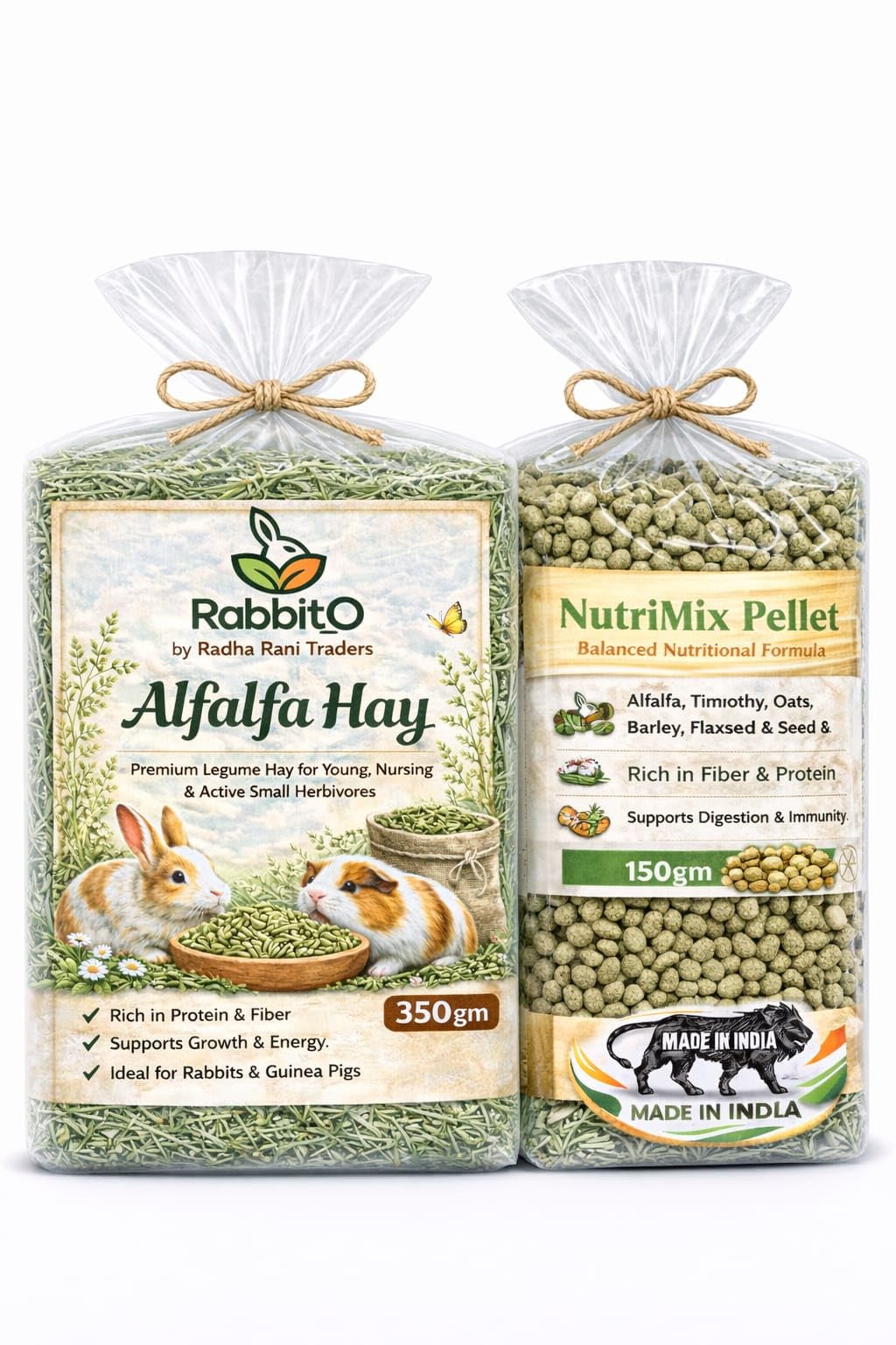 Rabbit_O Premium Alfalfa Hay 350g & Nutrimix Pellet 150gm for Rabbits & Guinea Pigs | High Protein Fresh Green hay | Natural Small Pet Food | Farm Fresh, Hand Packed-image-2