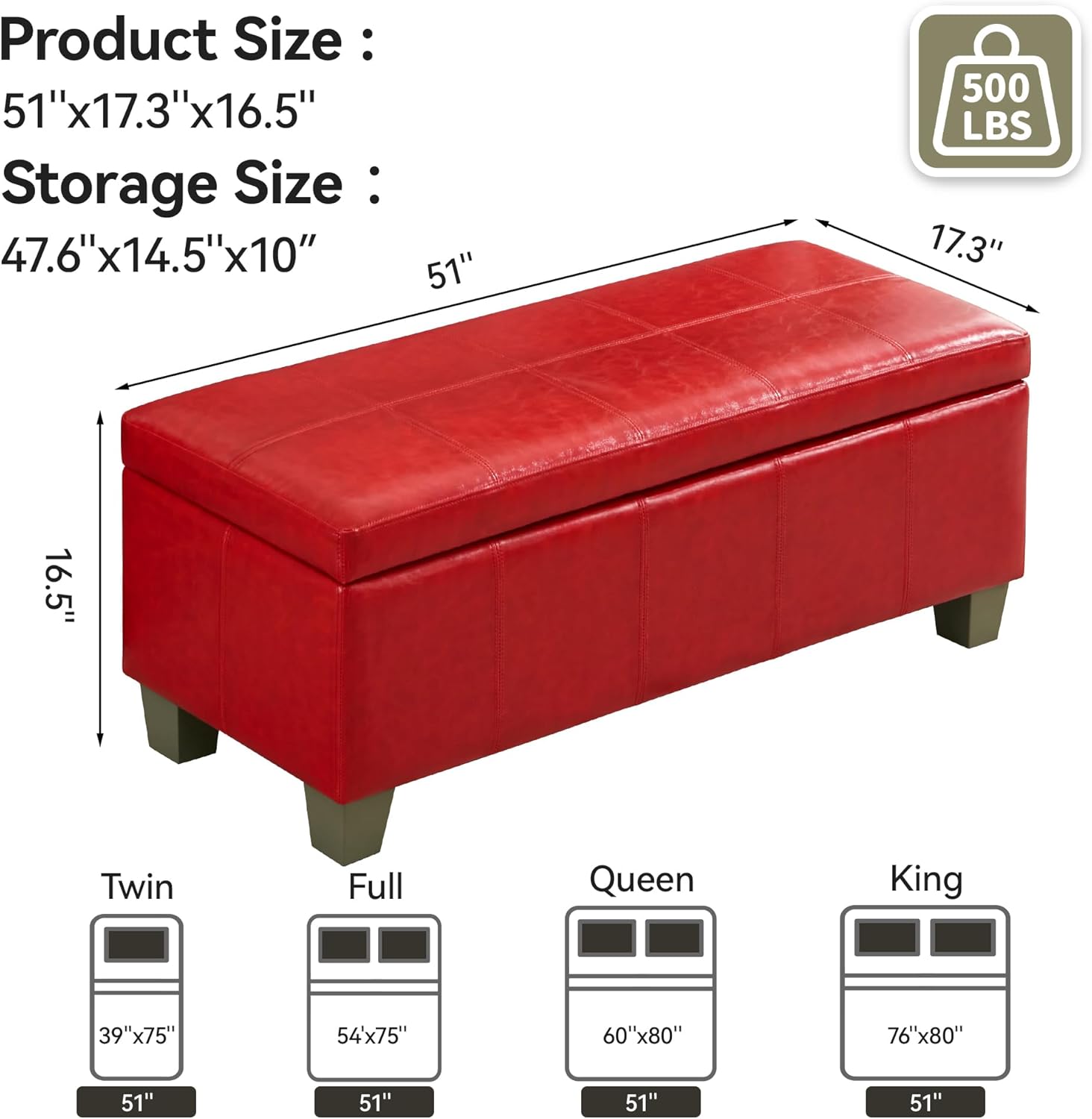 51" Faux Leather Storage Ottoman, Stitch Tufted Rectangle Upholstered End of Bed Storage Bench, Entryway Large Couch Ottoman with Wooden Legs,Red - Image 2