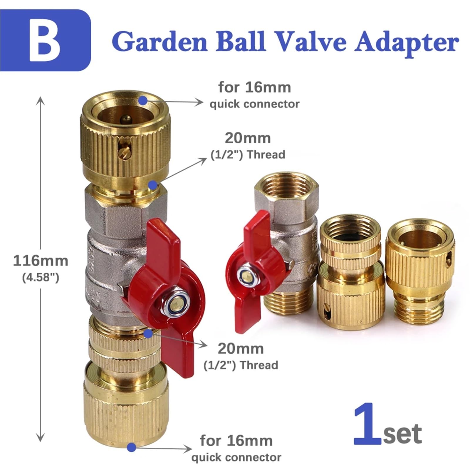Adaptador de manguera de válvula de bola de latón de 1,27 cm, conector rápido de chupete de 16 mm para riego de jardín, junta de acoplamiento extensor (B-1 juego)