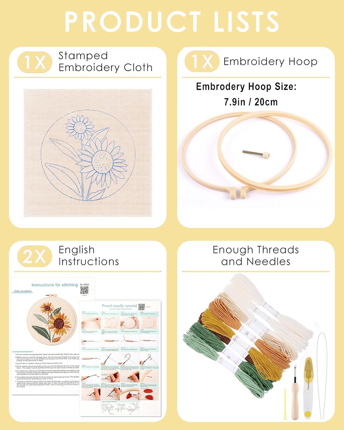 FEIYUENO Sunflower Punch Needle Embroidery Kit Beginners Adults, Yellow | Easy Embroidery Set for Starter Art Craft, Needling Punching Project with Patterns, Tools, Yarns, Hoop, Instruction