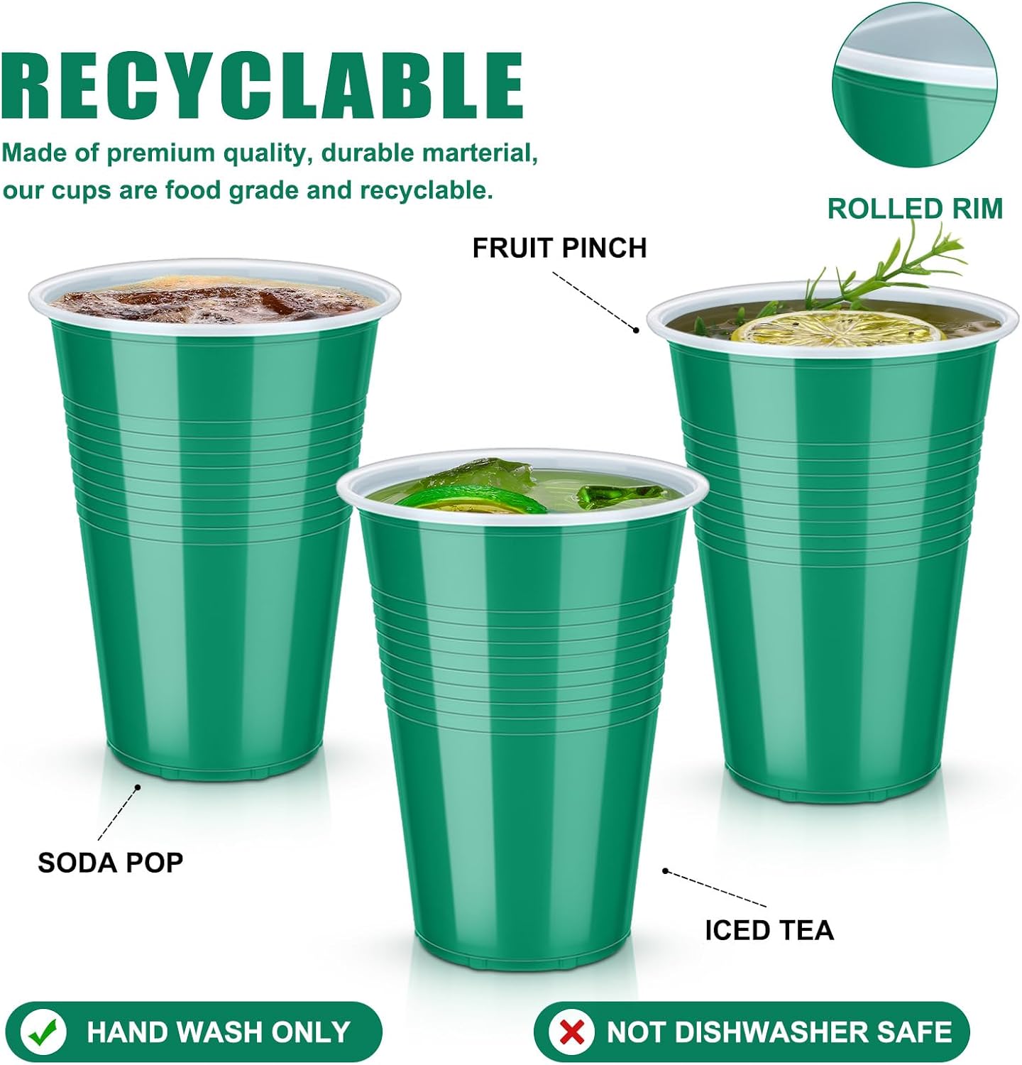 Zopeal 200 Pack St. Patrick's Day 16 oz Green Plastic Cups Bulk for Party Disposable Heavy Duty Drink Beverage Cup for Birthday Party Picnics Camping Drinks Soda Barbecues(Green)