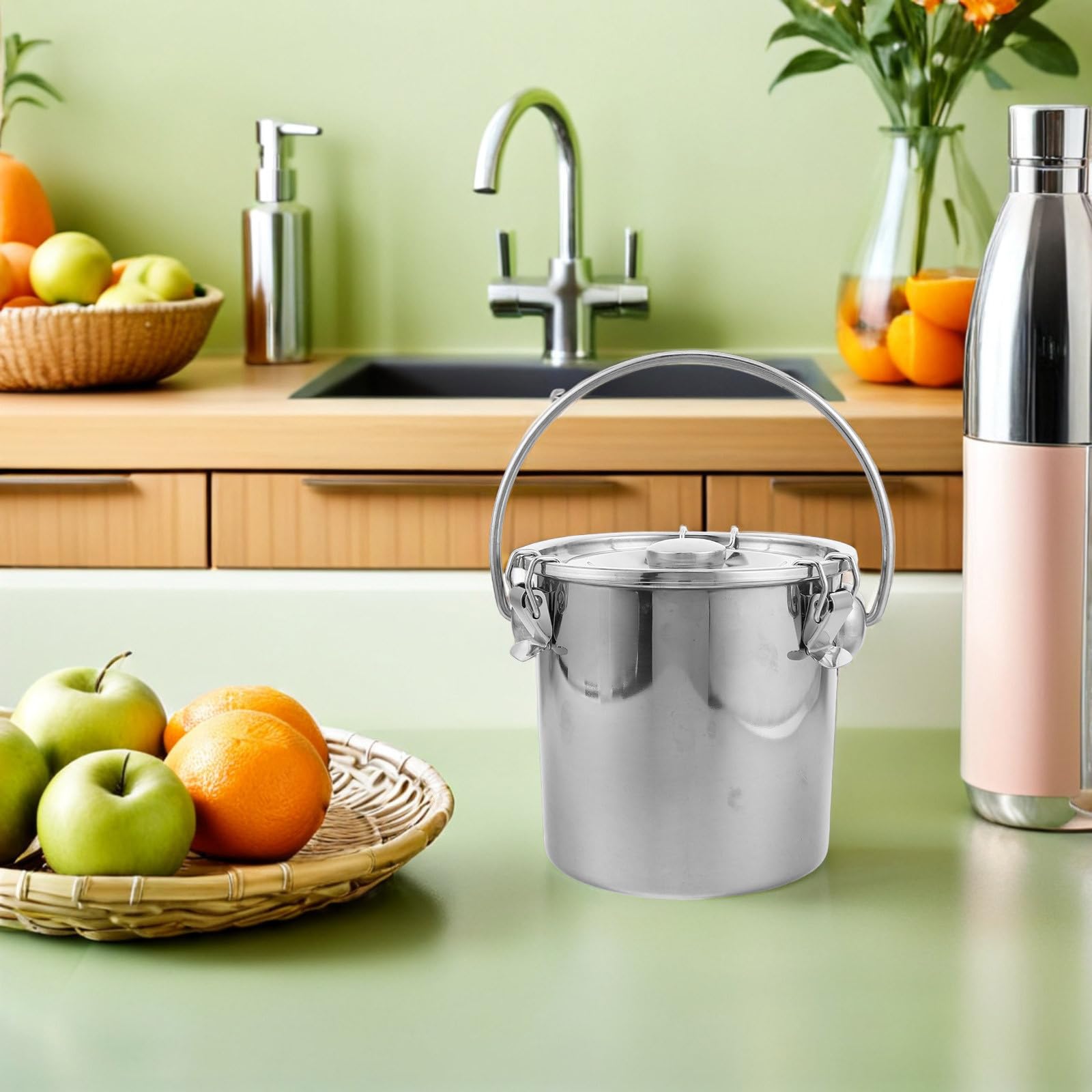 Ciieeo Edelstahl Milcheimer 3l mit Deckel und Griff für Küche und Picknick