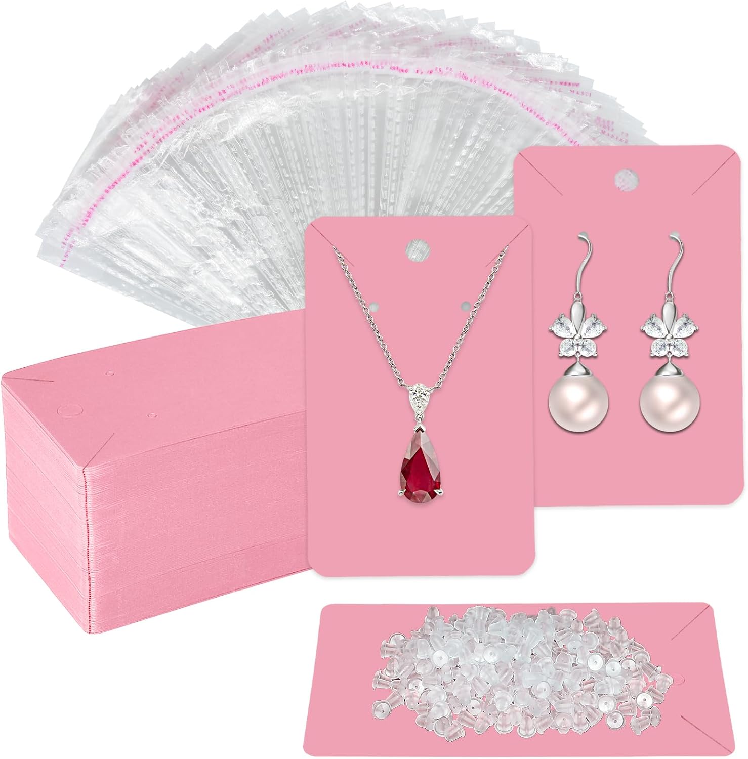 Twavang Pink Earring Cards for Selling Set with 100Pcs Earring Display Cards, 200