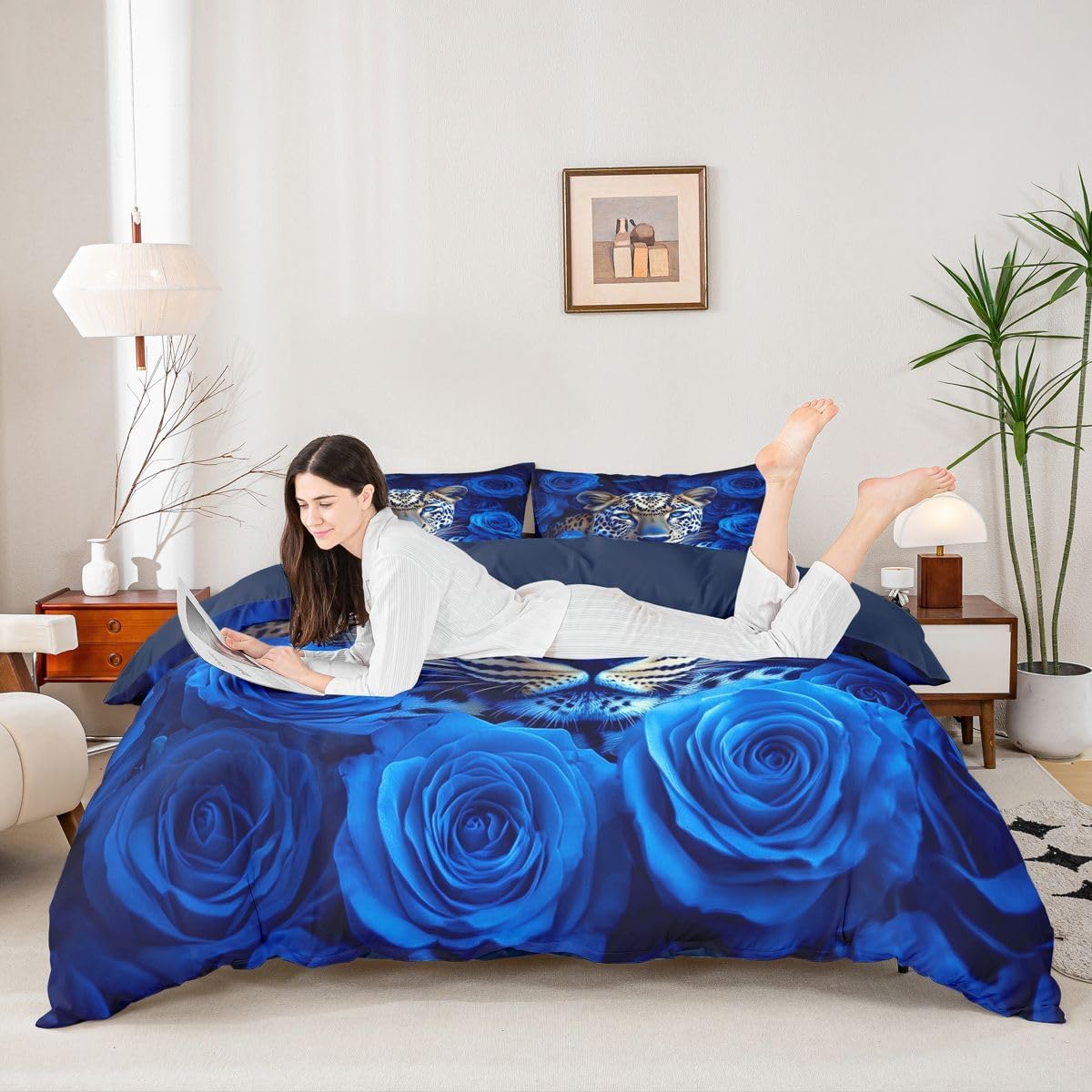 Feelyou Leopard Comforter Cover Safari Cheetah Print Bedding Set for Boys Girls Children Wild Animal Duvet Cover Room Decor Blue Rose Print Queen Size Quilt Cover 3Pcs