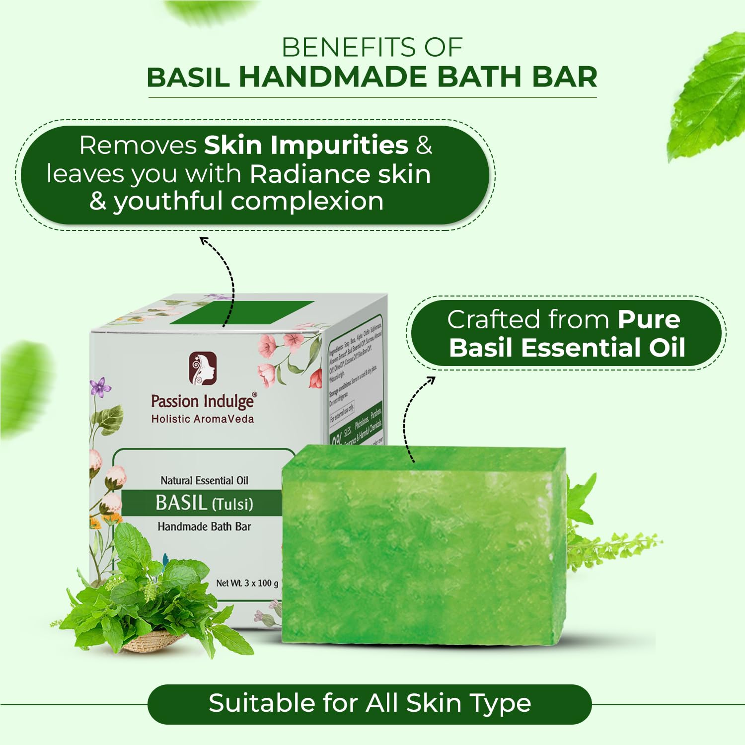 Passion Indulge Ayurvedic Handmade Soaps Natural Bath Bar Pack of 2 (6 Soap, 100 Gram) - Turmeric and Basil Combo Pack - Image 4