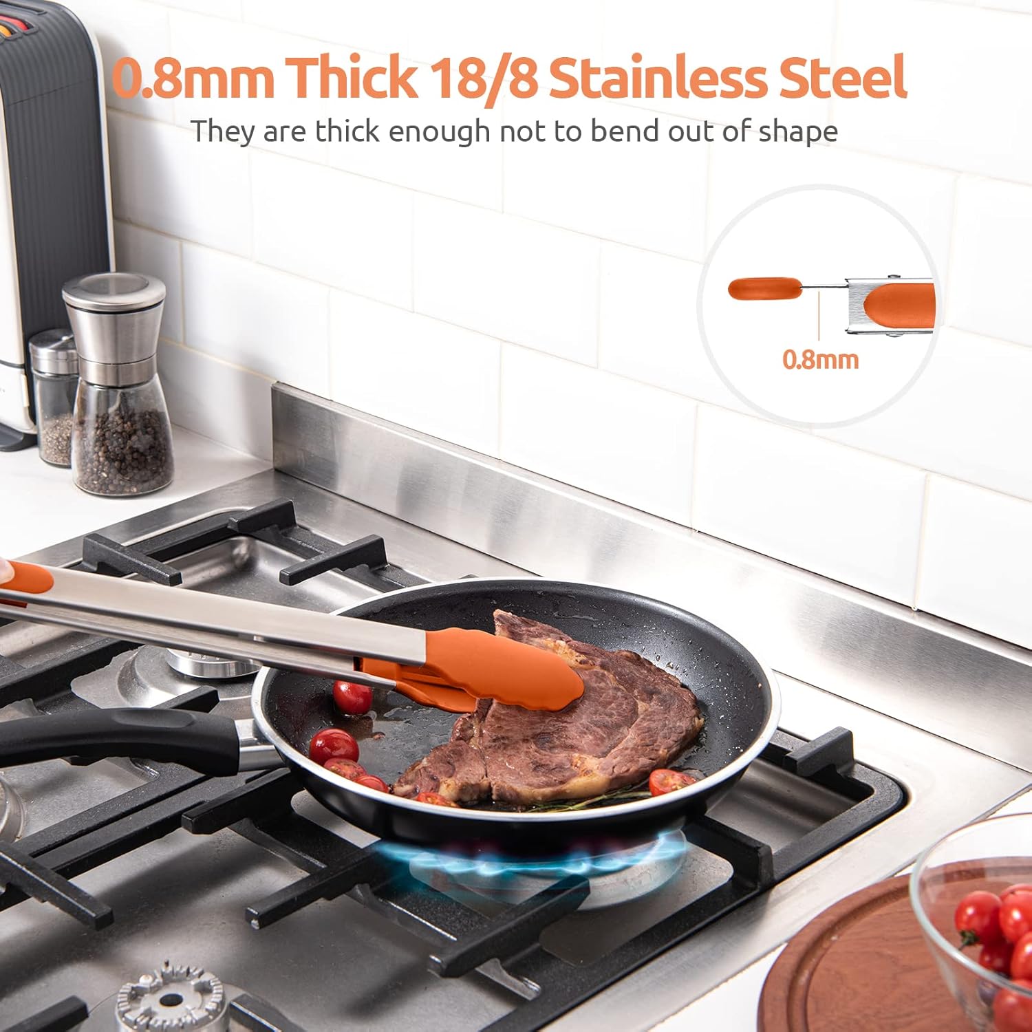 U-Taste 600ºF Heat Resistant Food Grade Non Stick Firm Cooking Tongs (16 in), and 18/8 Stainless Steel 4.73in Medium Fine Mesh Strainer with Sturdy Riveted Silicone Handle and Strong Frame (Orange)