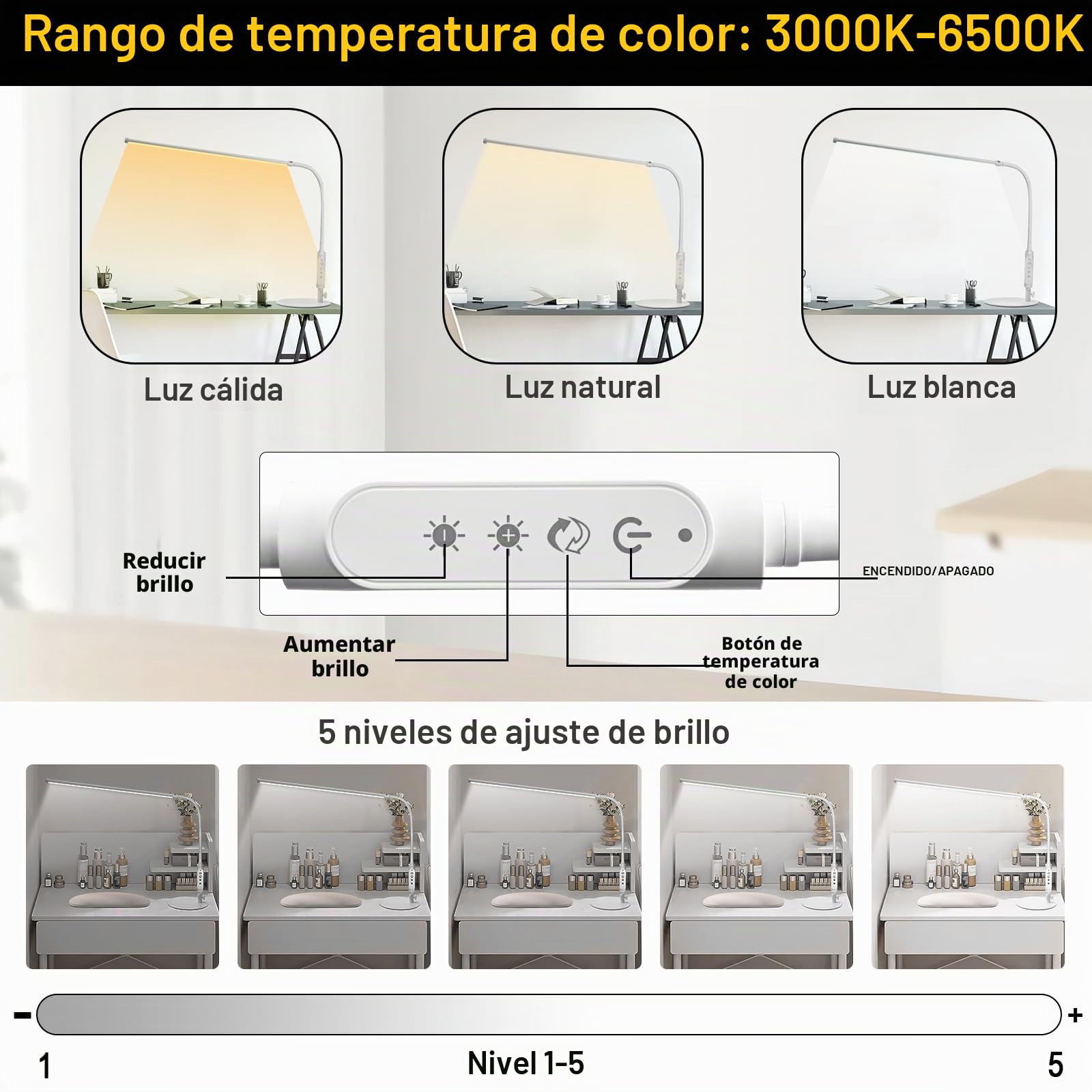 CGBE 60cm Lámpara para Mesa de Manicura LED 18W para Técnico de Uñas Blanco | 3 Modos y 5 Brillos Flexo de Escritorio de Uñas, Control Táctil, Luz Protector de Ojos para Manicura Lectura Estudio Trabajo