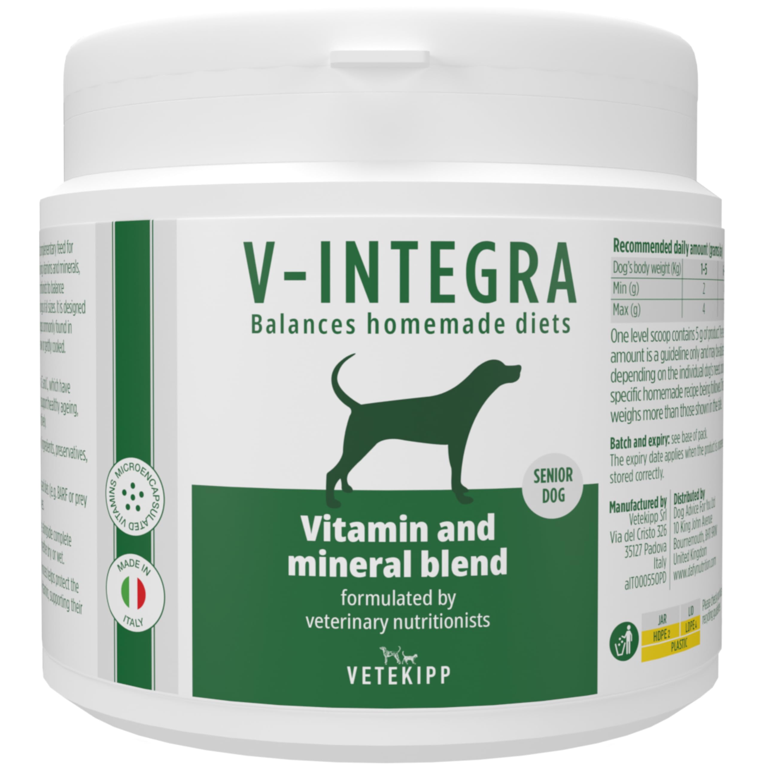 V-INTEGRA Senior Dog 500g, Complete Supplement Rich in Vitamins and Minerals for Homemade and BARF Diet, V Integra Dog Multivitamin, Supplements for Dogs Made in Italy