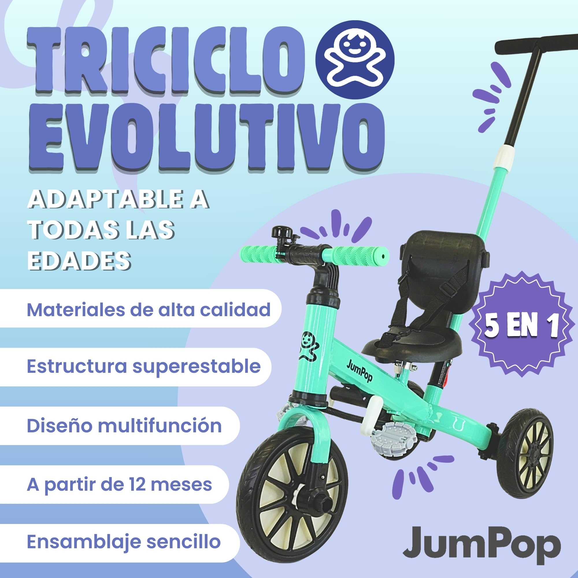 JumPop® Triciclo Evolutivo 5 en 1 + Timbre con Pegatinas y Vídeo Montaje QR incluído | Triciclo Bebe 1 Año a 4/5 Años(Dependiendo del tamaño) con Complementos Divertidos