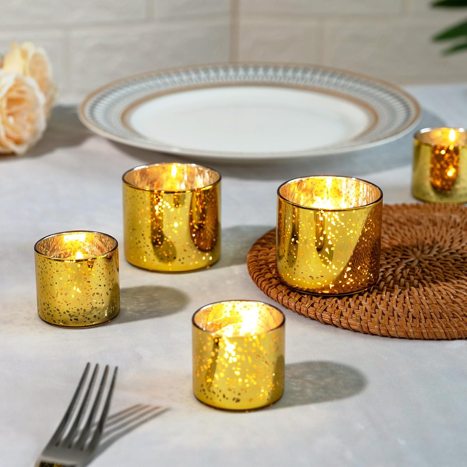 FrutPunch 12 Pack Speckled Mercury Gold Votive Candle Holders, Two Size