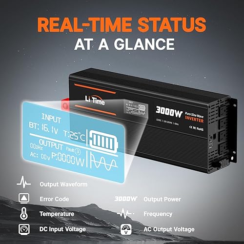 Miniatura 2 de LiTime Inversor de onda sinusoidal pura de 3000 W, convertidor de 12 V CC a 120 V CA con control remoto para RV, camping, inversor de energía solar