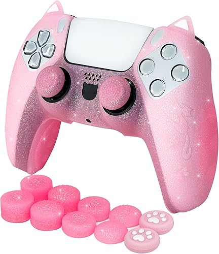 Funda de silicona antideslizante con purpurina de gato rosa compatible con controlador PS5SlimPro, 8 tapas de agarre para pulgar con purpurina y 2
