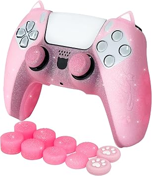 Pink Cat Glitter Anti-Slip Protective Silicone Cover Skin Grips Compatible with PS5/Slim/Pro Controller,8 PCS Glitter Thumb Grips Caps and 2 Paw Grips Caps. Cat Pink