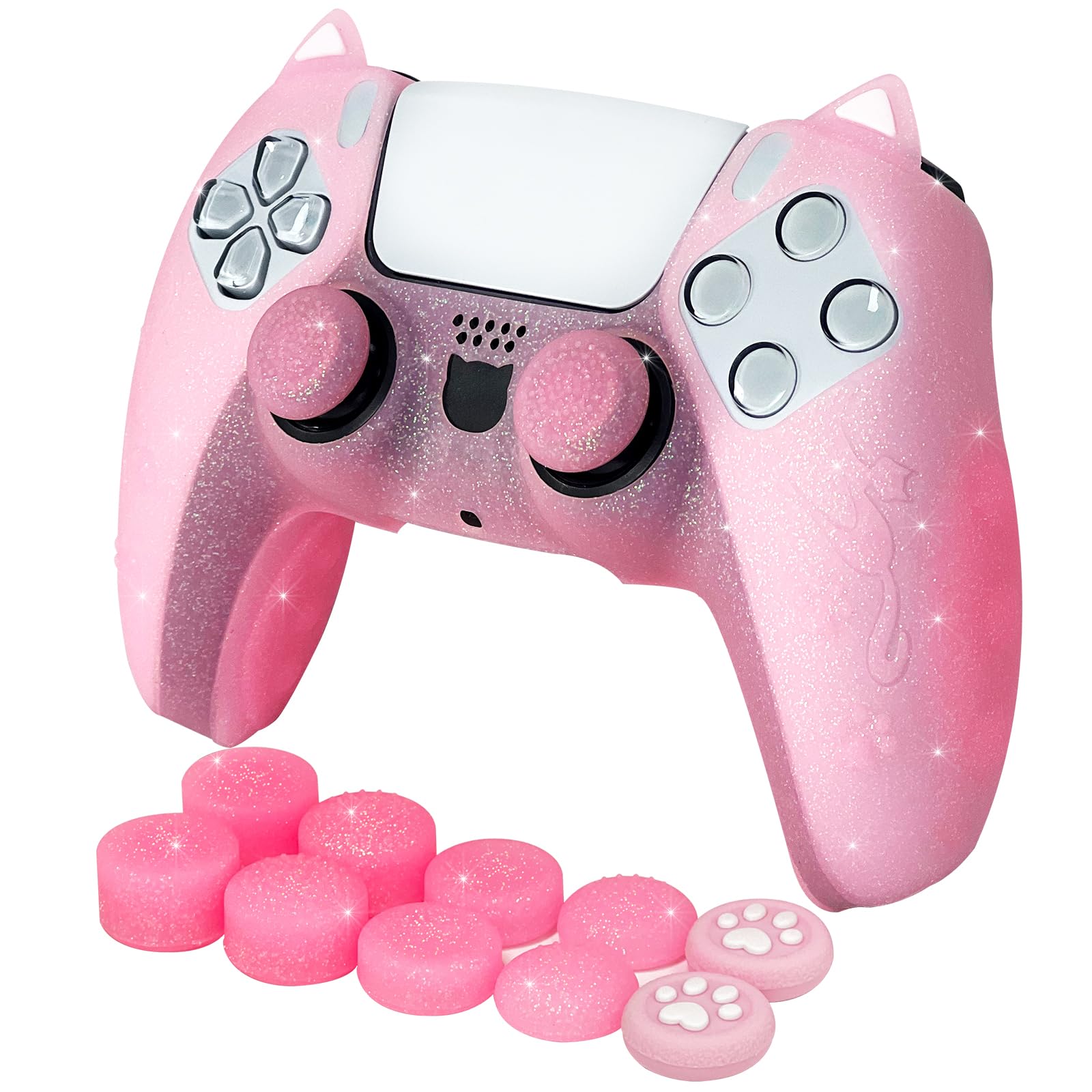 Funda Protectora de Silicona Antideslizante con Purpurina de Gato Rosa Compatible con Controlador PS5/Slim/Pro, 8 Tapas de Agarre para Pulgar con Purpurina y 2 Tapas de Agarre de Patas.