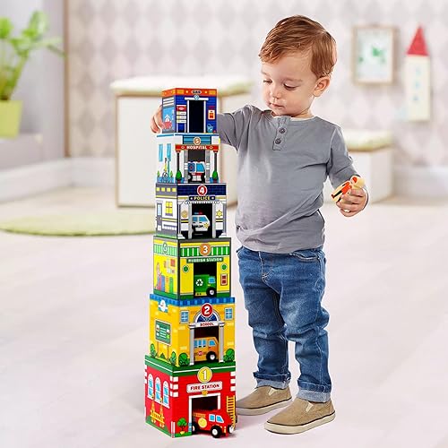 Miniatura 2 de Atoylink Juguetes de clasificación y apilamiento para niños pequeños con autos magnéticos de madera y ayudantes de la comunidad, bloques de números